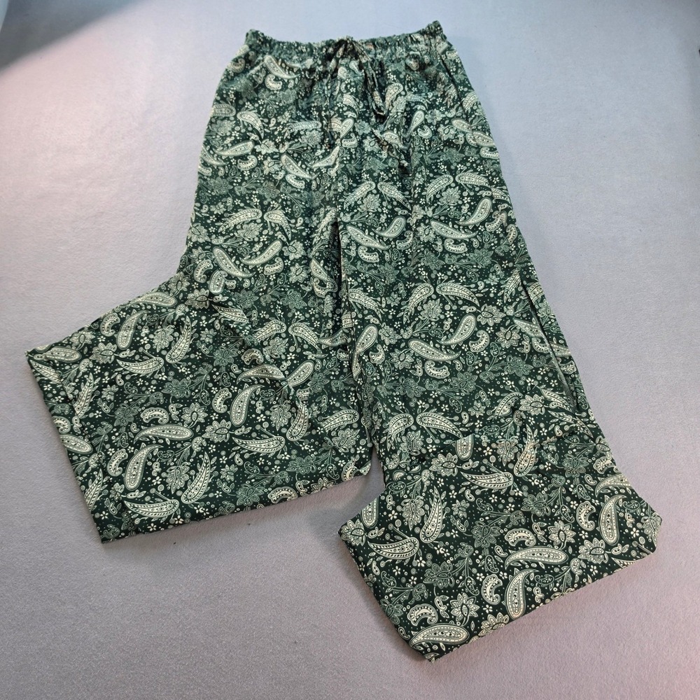 Boho Green Paisley Palazzo Pants XS Wide Leg High Slit Drawstring Festival